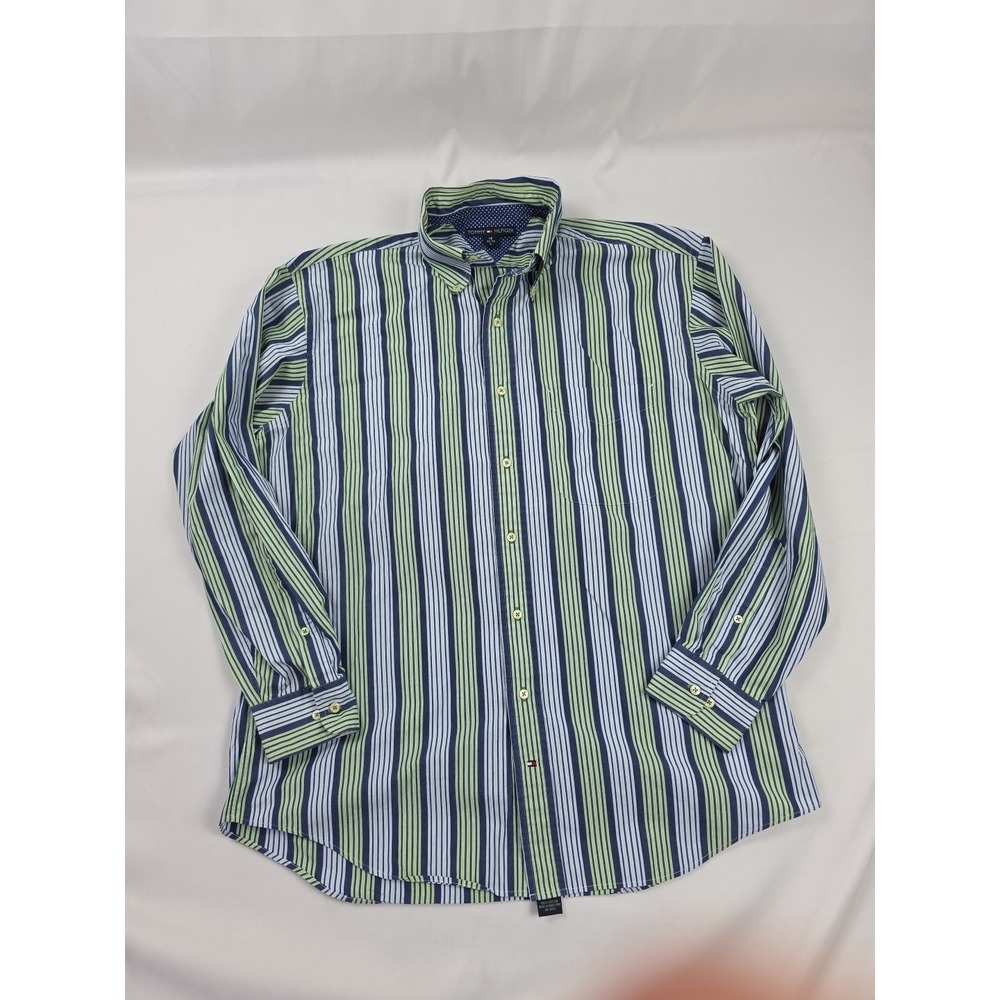 Tommy Hilfiger Men's Striped White Blue Green Long Sleeve Button-Up Shirt Large